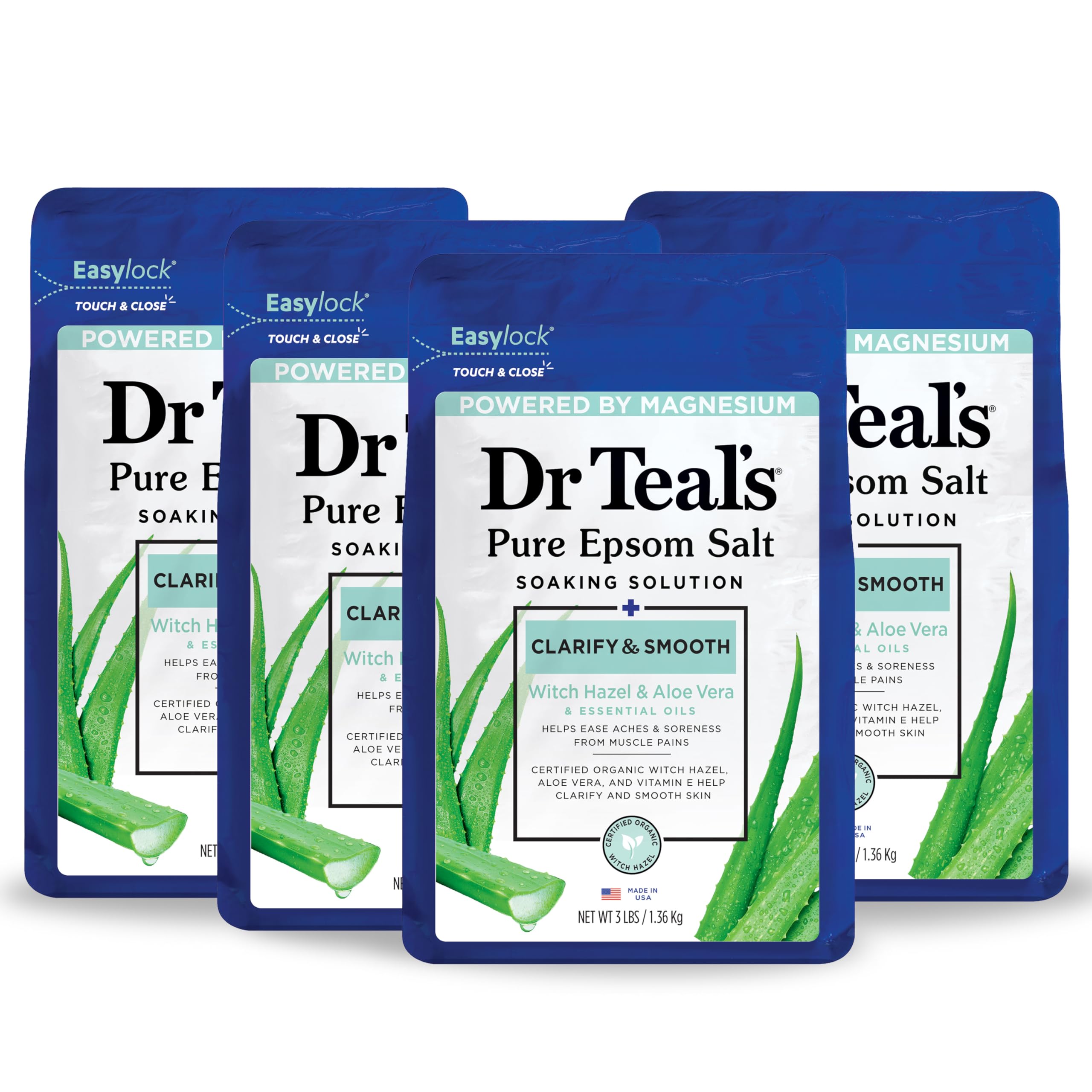 Dr Teal's Epsom Magnesium Salt Soak, Clarify & Smooth with Witch Hazel & Aloe Vera, 3 lbs (Pack of 4)